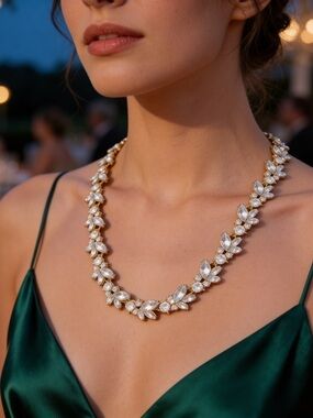 Elegant Gold Crystal Leaf Necklace